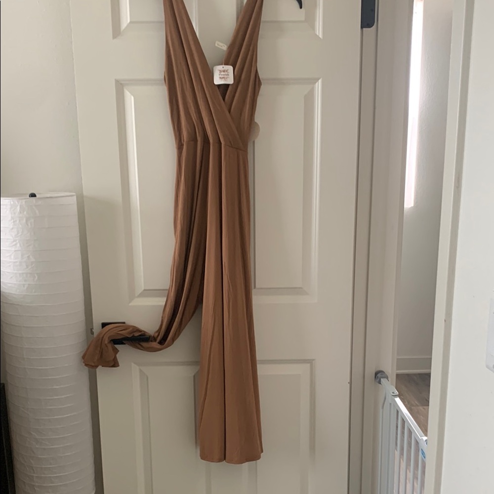 Final Touch Brown Tan V Neck Front & Back Jumpsuit.
